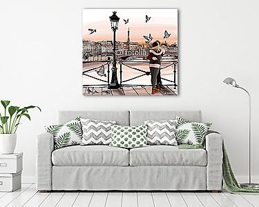 Fiatal pár szerelmes a Pont des Arts-ben Párizsban (vászonkép) - vászonkép, falikép otthonra és irodába