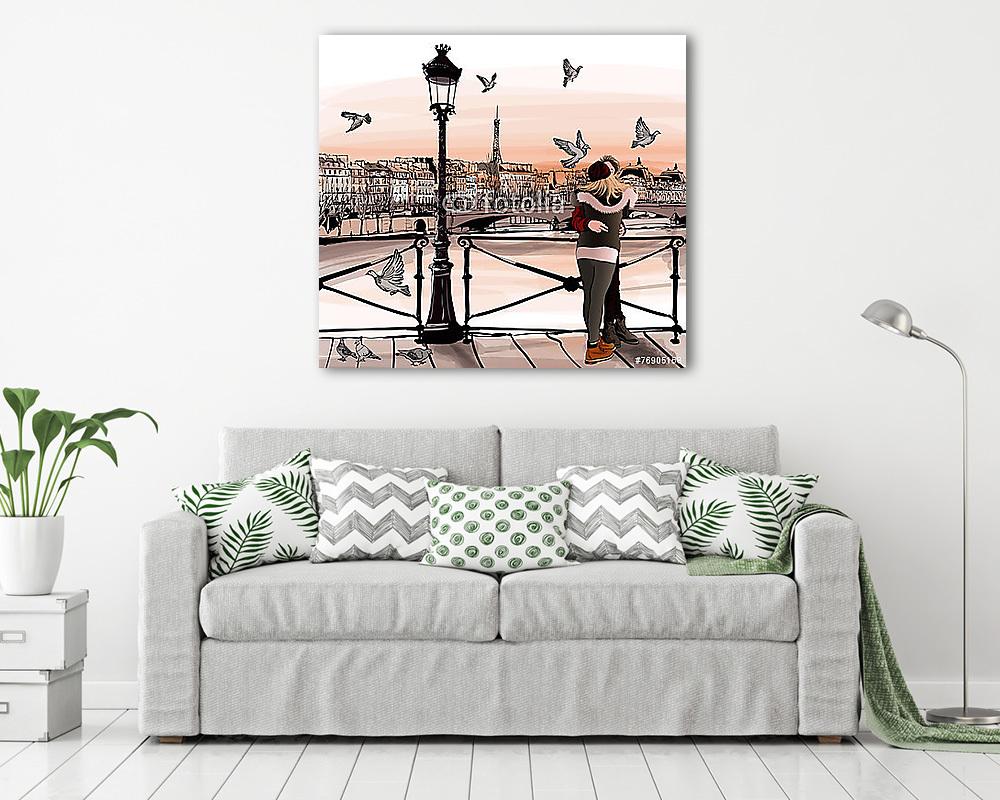Fiatal pár szerelmes a Pont des Arts-ben Párizsban (poszter) - vászonkép, falikép otthonra és irodába