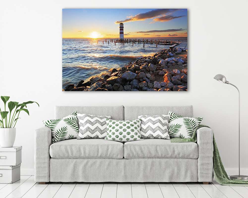 Világítótorony a Neusiedl-tónál naplementekor - Ausztria (poszter) - vászonkép, falikép otthonra és irodába