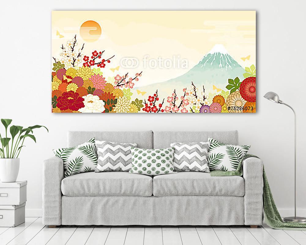 Fuji virágokkal az előtérben (többrészes kép) - vászonkép, falikép otthonra és irodába