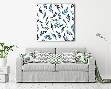 seamless pattern with blue watercolor leaves (vászonkép) - vászonkép, falikép otthonra és irodába