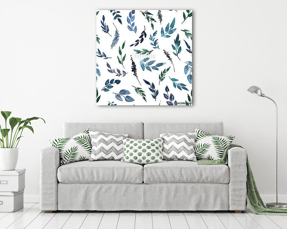 seamless pattern with blue watercolor leaves (vászonkép) - vászonkép, falikép otthonra és irodába