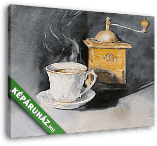 Csésze kávé régi kávédarálóval (akvarell) - vászonkép 3D látványterv