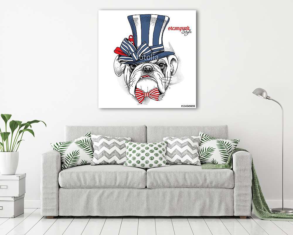 The image of the dog Bulldog in the steampunk top hat and with b (többrészes kép) - vászonkép, falikép otthonra és irodába