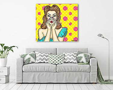 Sexy pop art girl holding hands to his mouth and whispers about discounts and sales (vászonkép) - vászonkép, falikép otthonra és irodába