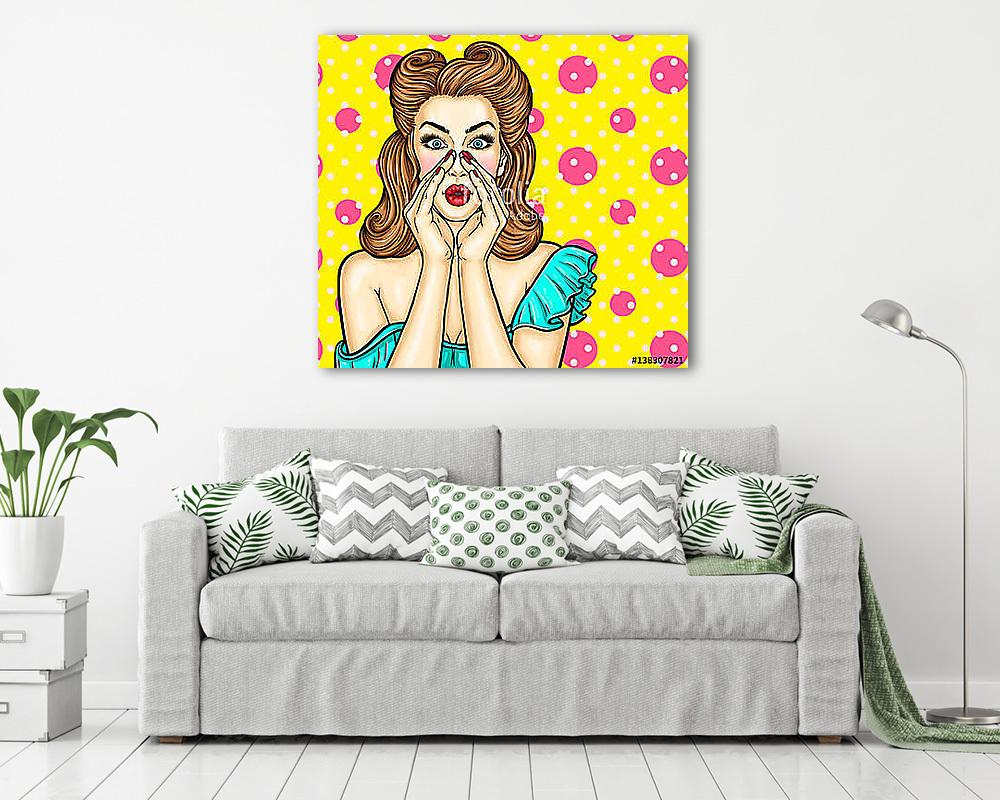 Sexy pop art girl holding hands to his mouth and whispers about discounts and sales - vászonkép, falikép vásárlás Sexy pop art girl holding hands to his mouth and whispers about discounts and sales (vászonkép) - vászonkép, falikép otthonra és irodába