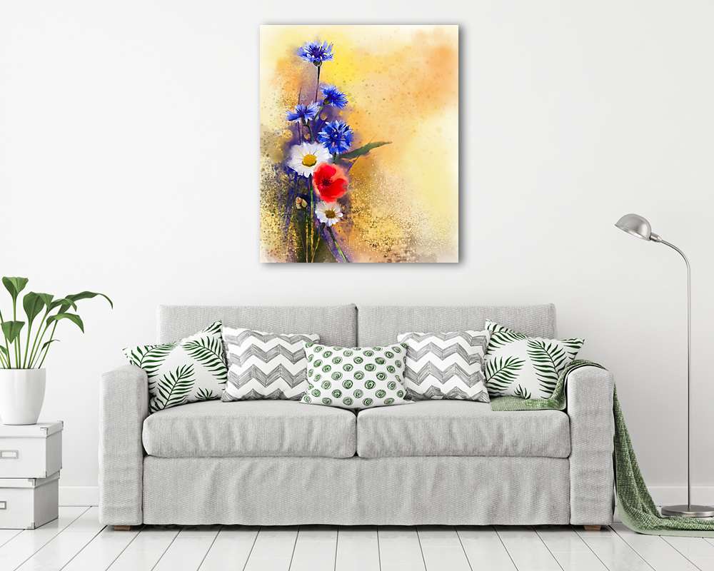 Az akvarell vörös mákvirág, a kék búzavirág és a fehér százszors - vászonkép, falikép vásárlás Az akvarell vörös mákvirág, a kék búzavirág és a fehér százszors (többrészes kép) - vászonkép, falikép otthonra és irodába
