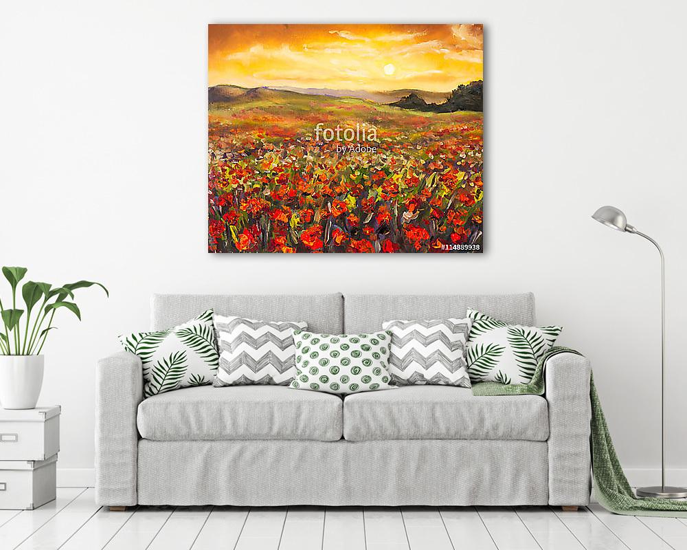 Naplemente színes pipacsmező (olajfestmény reprodukció) - vászonkép, falikép vásárlás Naplemente színes pipacsmező (olajfestmény reprodukció) (vászonkép) - vászonkép, falikép otthonra és irodába
