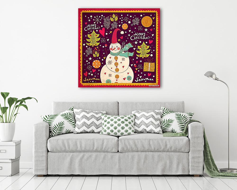 Karácsonyi kártya hóemberrel (vászonkép) - vászonkép, falikép otthonra és irodába