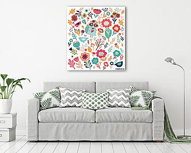 Pattern with cute raccoon and flowers (vászonkép) - vászonkép, falikép otthonra és irodába