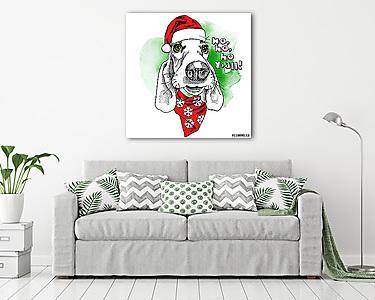 The christmas poster dog Basset Hound portrait in the Santas hat (vászonkép) - vászonkép, falikép otthonra és irodába