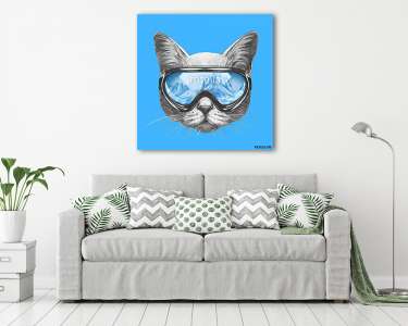 Portrait of Cat with ski goggles. Hand drawn illustration.  (vászonkép) - vászonkép, falikép otthonra és irodába