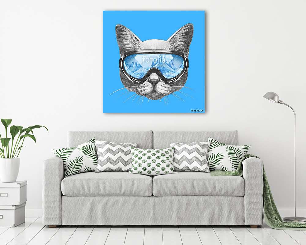 Portrait of Cat with ski goggles. Hand drawn illustration.  (vászonkép) - vászonkép, falikép otthonra és irodába