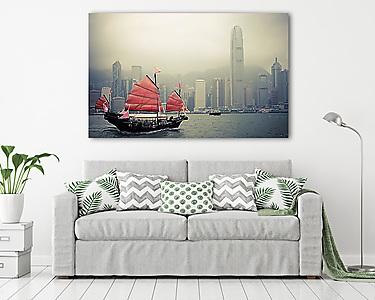 Kínai vitorlás és a ködös Hongkong (vászonkép) - vászonkép, falikép otthonra és irodába