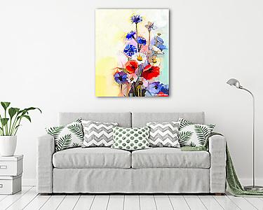 Olajfestés vörös mákvirág, kék búzavirág és fehér százszorszép. (vászonkép) - vászonkép, falikép otthonra és irodába