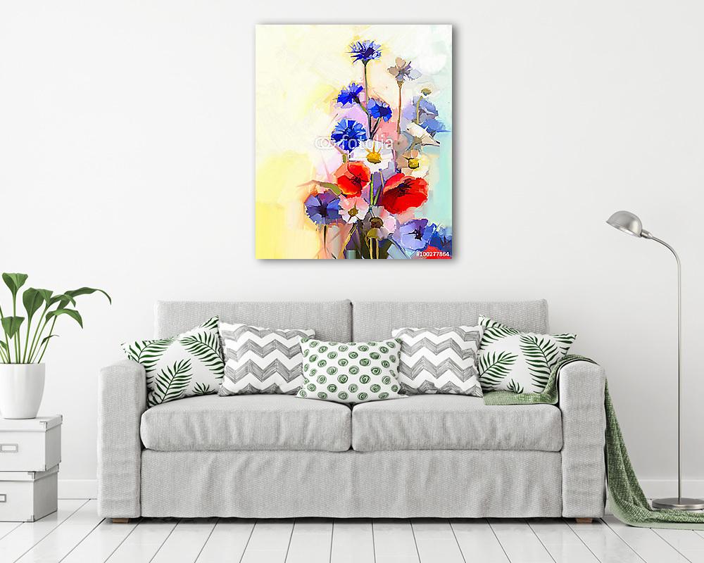 Olajfestés vörös mákvirág, kék búzavirág és fehér százszorszép. (bögre) - vászonkép, falikép otthonra és irodába