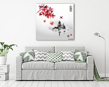Vörös japán juharlevél és sziget fenyőfákkal ködben w (vászonkép) - vászonkép, falikép otthonra és irodába