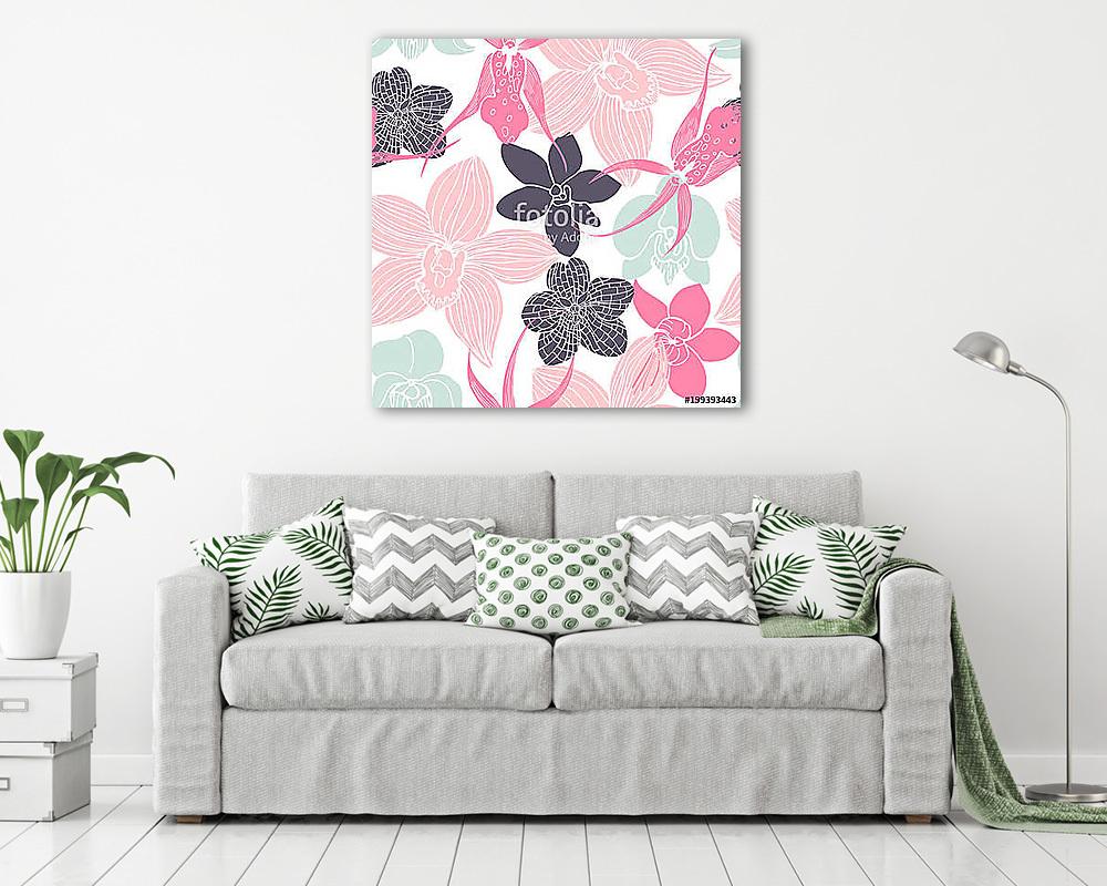 Hand drawn orchids.Vector  seamless pattern (vászonkép) - vászonkép, falikép otthonra és irodába