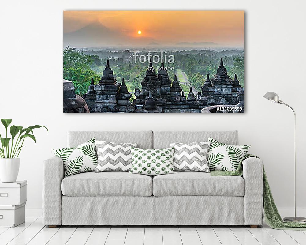 Sunrise panorama of Mount Merapi, Borobudur valey covered with m (többrészes kép) - vászonkép, falikép otthonra és irodába