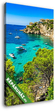 Majorca Spain Mediterranean Sea Coast bay with boats at Santa Po - vászonkép 3D látványterv