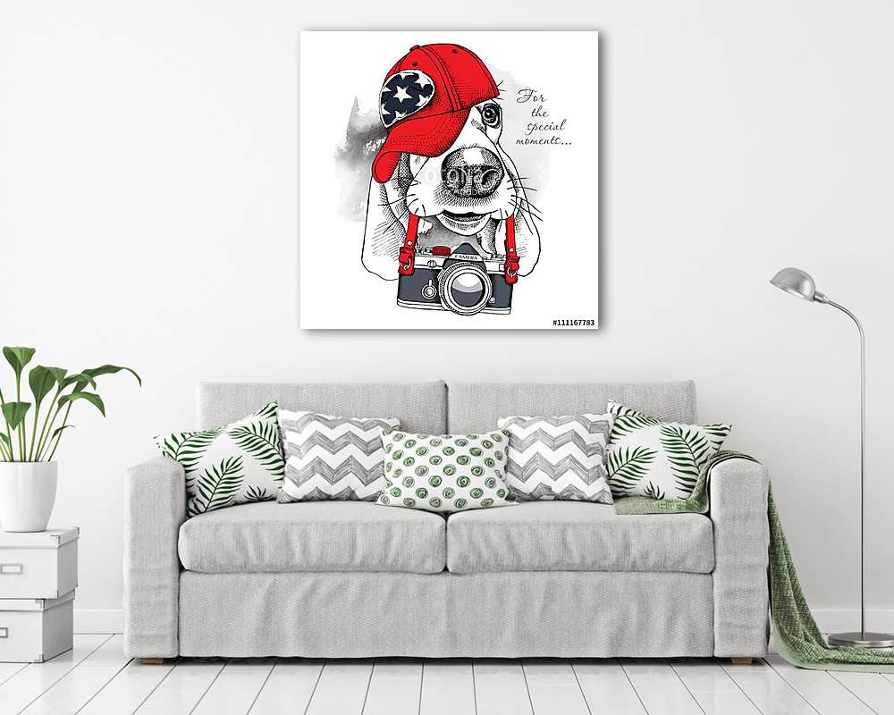 The poster with the image of the dog Basset Hound with the camer (többrészes kép) - vászonkép, falikép otthonra és irodába