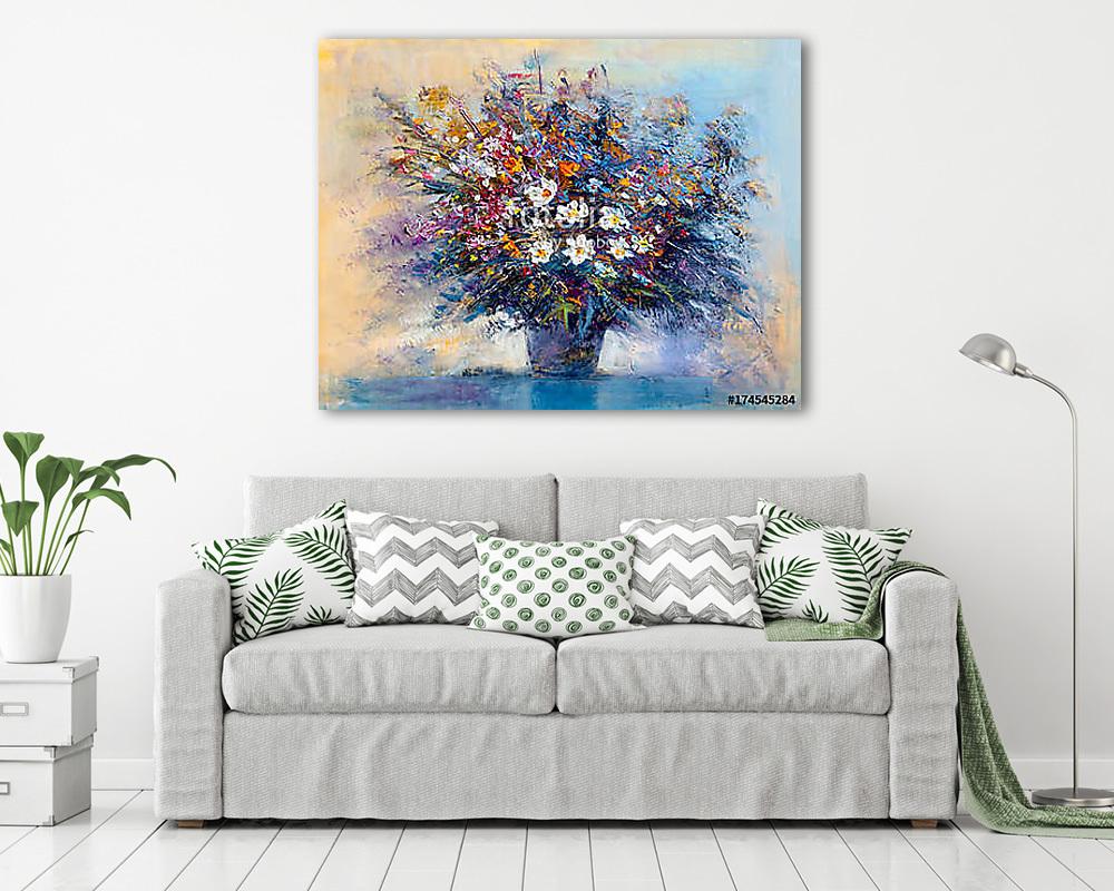 Absztrakt színes tavaszi virágok csokorban  vázában (olajfestmény reprodukció) - vászonkép, falikép vásárlás Absztrakt színes tavaszi virágok csokorban  vázában (olajfestmény reprodukció) (fotótapéta) - vászonkép, falikép otthonra és irodába