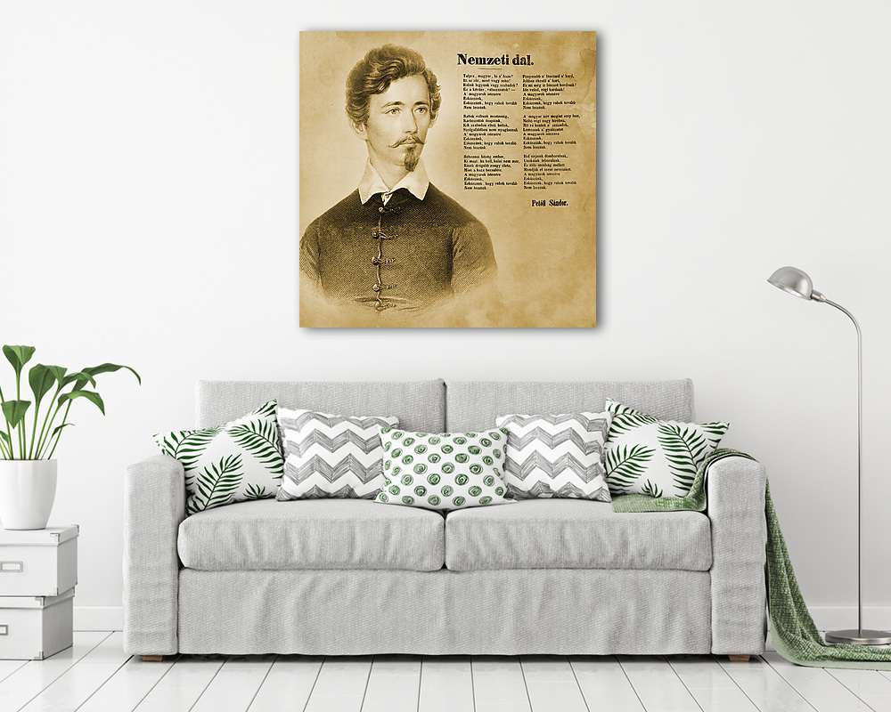 Petőfi Sándor arcképe a Nemzeti dal nyomtatott kiadásának képével (vászonkép) - vászonkép, falikép otthonra és irodába