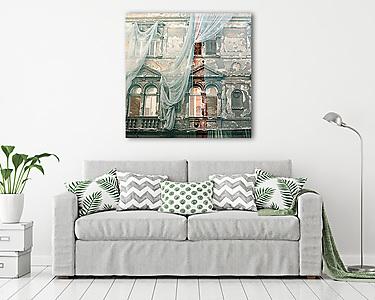 Pesti lakóház függönytakaróval (vászonkép) - vászonkép, falikép otthonra és irodába