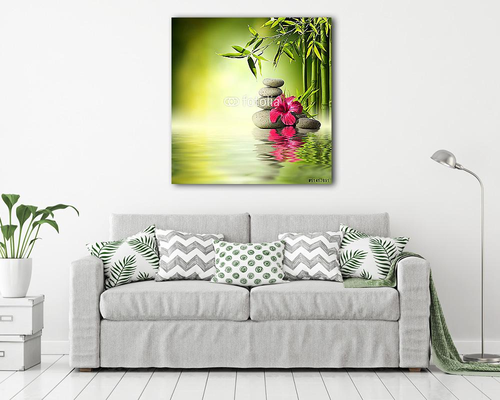 Stones, piros hibiszkusz és bambusz a vízen (bögre) - vászonkép, falikép otthonra és irodába