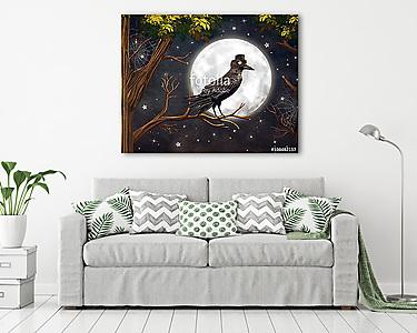 Raven egy holdfényben egy sötét erdőben, illusztráció művészet (vászonkép) - vászonkép, falikép otthonra és irodába