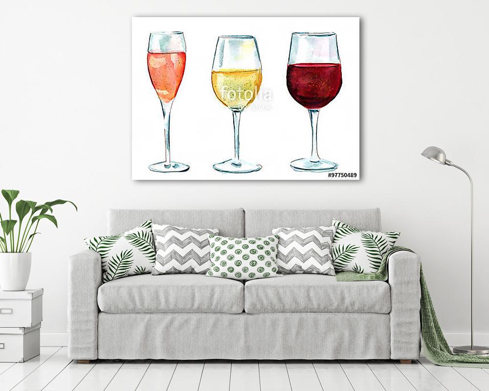 Borospoharak rosé, fehér, vörös (akvarell) (vászonkép) - vászonkép, falikép otthonra és irodába