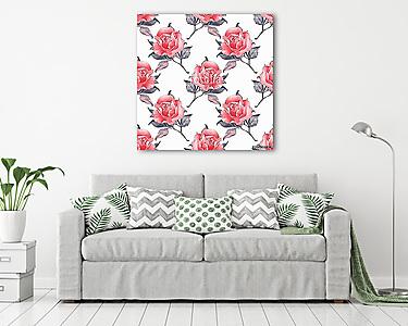 Floral seamless pattern. Watercolor background with red roses (vászonkép) - vászonkép, falikép otthonra és irodába