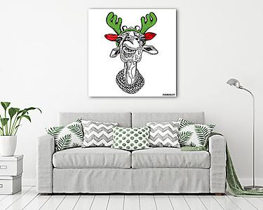 Giraffe portrait in a antler with knitted scarf. Vector illustra (vászonkép) - vászonkép, falikép otthonra és irodába