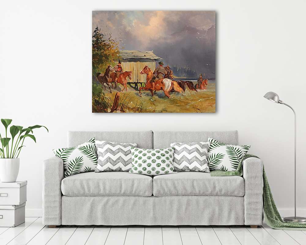 Lovasok a vízben  vagy Lovak hűtése  - vászonkép, falikép vásárlás Lovasok a vízben  vagy Lovak hűtése  (poszter) - vászonkép, falikép otthonra és irodába