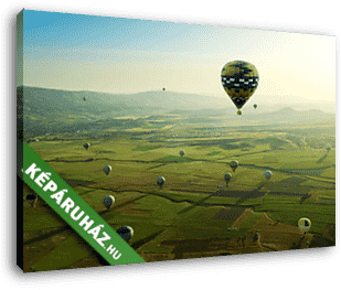 Cappadocia, Hőlégballonok a zöld mező felett - vászonkép 3D látványterv