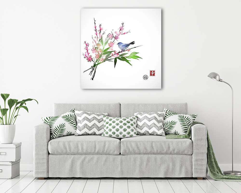 Sakura virágban, bambusz ág és kis kék madár fehér b - vászonkép, falikép vásárlás Sakura virágban, bambusz ág és kis kék madár fehér b (vászonkép) - vászonkép, falikép otthonra és irodába