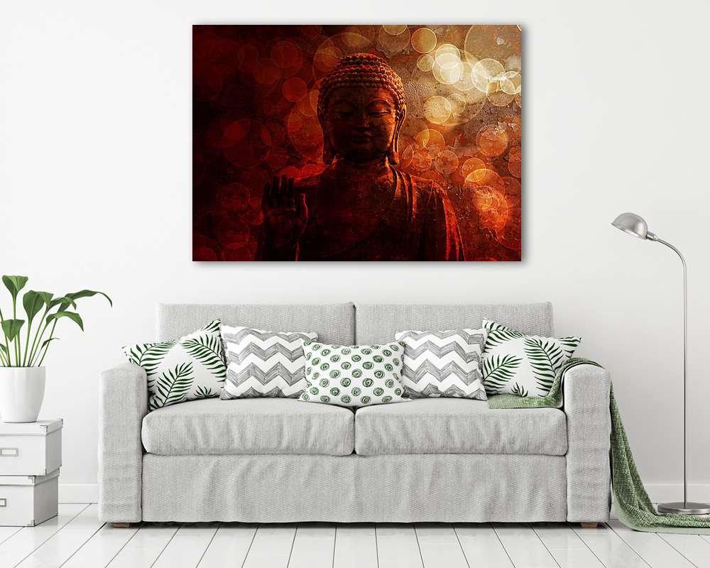 Bronze Red Zen Buddha Statue Raised Palm - vászonkép, falikép vásárlás Bronze Red Zen Buddha Statue Raised Palm (vászonkép) - vászonkép, falikép otthonra és irodába