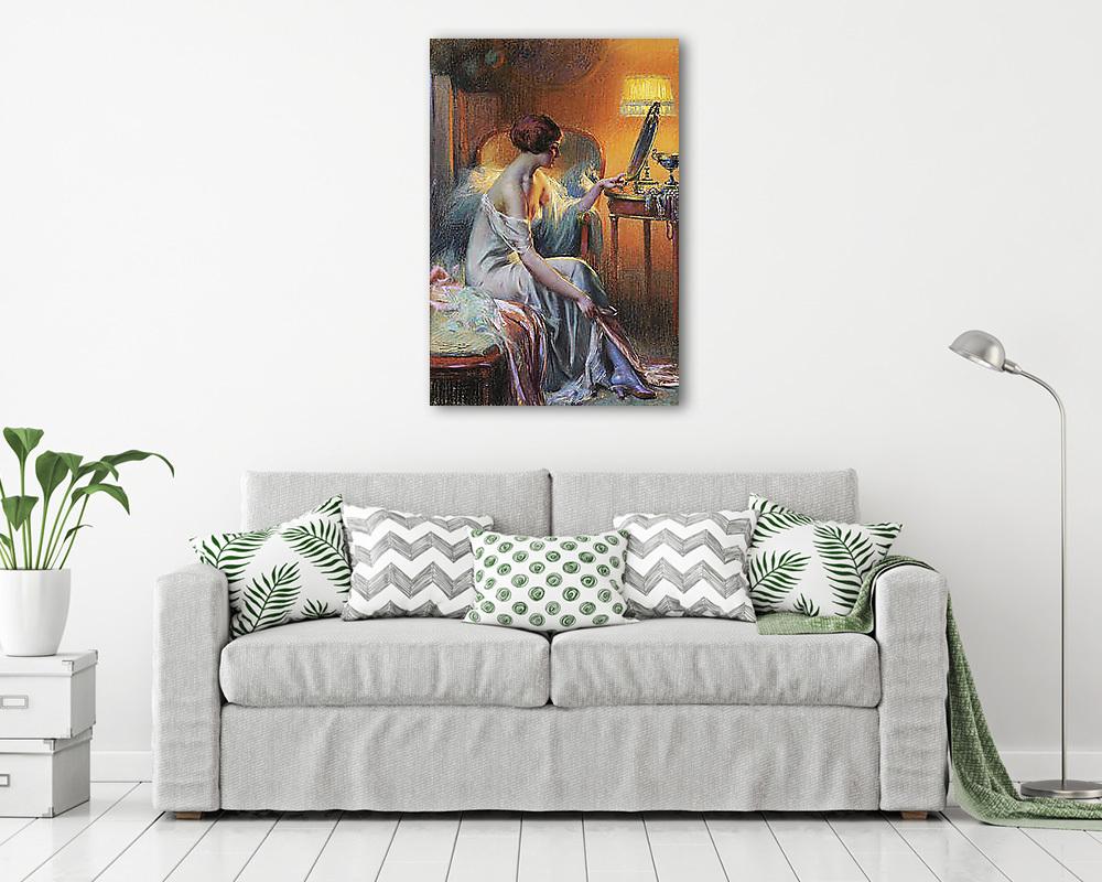 Tükörbe néző fiatal nő (többrészes kép) - vászonkép, falikép otthonra és irodába