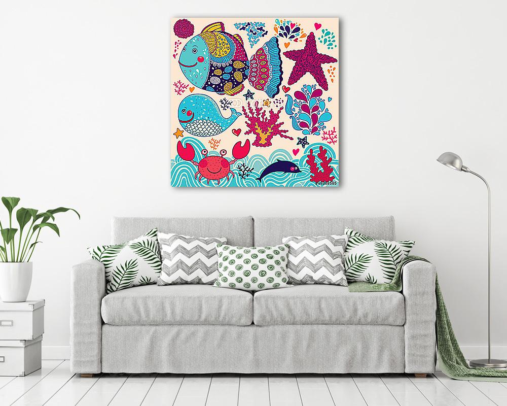 Színes tengeri szimbólumok - vászonkép, falikép vásárlás Színes tengeri szimbólumok (keretezett kép) - vászonkép, falikép otthonra és irodába