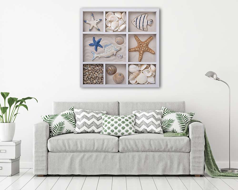Seashells fehér dobozban (vászonkép) - vászonkép, falikép otthonra és irodába