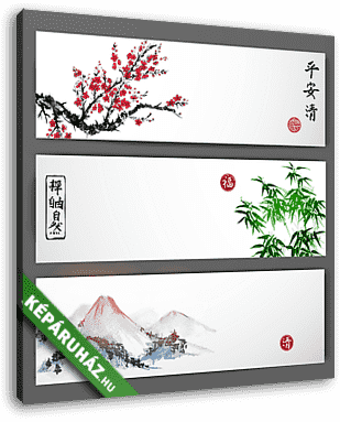 Három zászló, virágzó sakura, bambusz és hegyek. Trad - vászonkép 3D látványterv