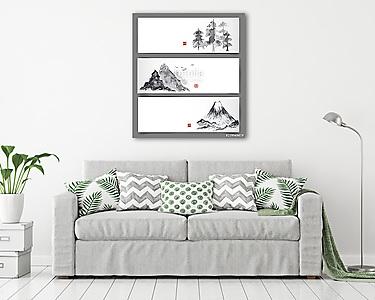 Három bannerek hegyekkel és erdőkkel. A hagyományos japánok (vászonkép) - vászonkép, falikép otthonra és irodába