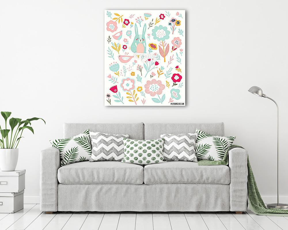 Pattern with little bunny and flowers - vászonkép, falikép vásárlás Pattern with little bunny and flowers (vászonkép) - vászonkép, falikép otthonra és irodába