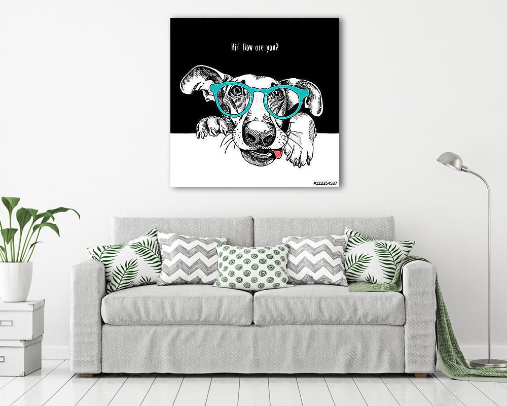 Portrait of a funny dog in glasses. Vector illustration. (keretezett kép) - vászonkép, falikép otthonra és irodába
