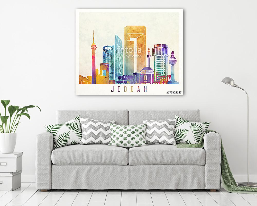 Jeddah landmarks watercolor poster - vászonkép, falikép vásárlás Jeddah landmarks watercolor poster (fotótapéta) - vászonkép, falikép otthonra és irodába