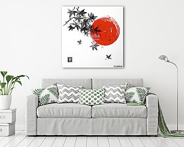 Japán juharlevél és vörös nap fehér háttéren. tartalmazza (vászonkép) - vászonkép, falikép otthonra és irodába