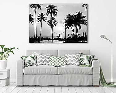 Silhouettes of palm trees on a tropical beach, black and white p (vászonkép) - vászonkép, falikép otthonra és irodába