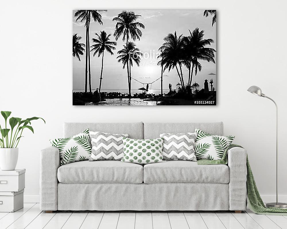 Silhouettes of palm trees on a tropical beach, black and white p (poszter) - vászonkép, falikép otthonra és irodába