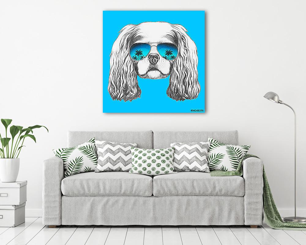 Portrait of Cavalier King Charles Spaniel with mirror sunglasses - vászonkép, falikép vásárlás Portrait of Cavalier King Charles Spaniel with mirror sunglasses (vászonkép) - vászonkép, falikép otthonra és irodába