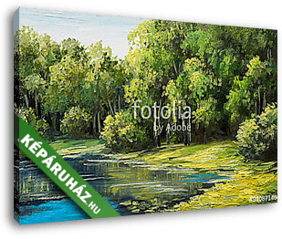 Nyári erdő, gyönyörű tó (olajfestmény reprodukció) - vászonkép 3D látványterv